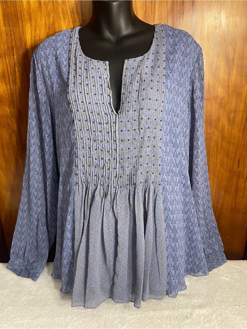 Coldwater Creek Blue Pintuck Tunic Top Blouse Beaded Chiffon Boho Peasant Large
